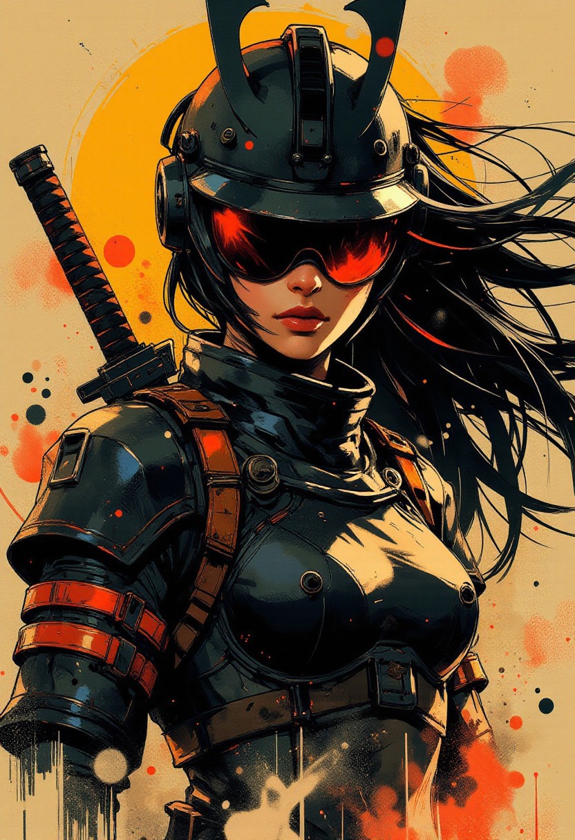 in the style of ck-mgs, nistyle, Special Ink-drawing mode, intricate linework with expressive contrasts, Mh1$AgThS2, Inkplash art on rice paper, sepia, henna , Silhouette Art, magnificent, inksplash closeup portrait of asian female cyberpunk samurai, helmet with mirrored visor, hyperdetailed helmet, flowing black hair, reflective black and neon red armor, a katana strapped to her back, abstract background suggesting eastern temple