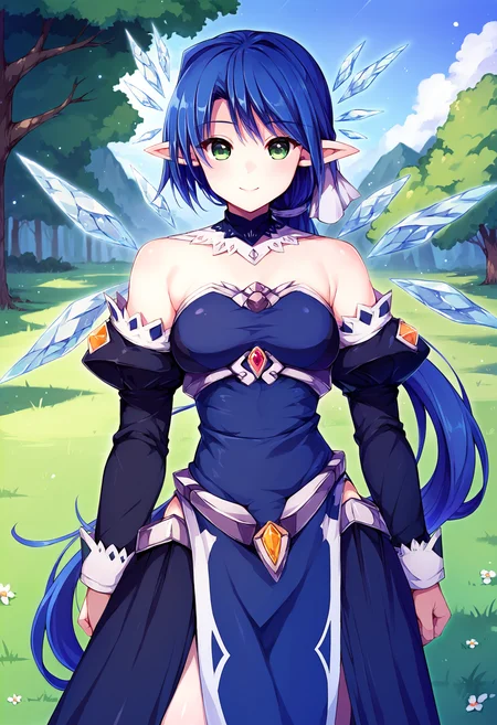 score_9, score_8_up, score_7_up, score_6_up, source_anime, 1girl, solo,
grass, tree,
BREAK
light smile,
j7d3cc4, blue hair, very long hair, ponytail, green eyes, pointy ears,
blue dress, detached sleeves, detached collar, hair ribbon, ice wings,
cowboy shot, standing,
<lora:faux-judecca-rosequartz-bdora:0.8>