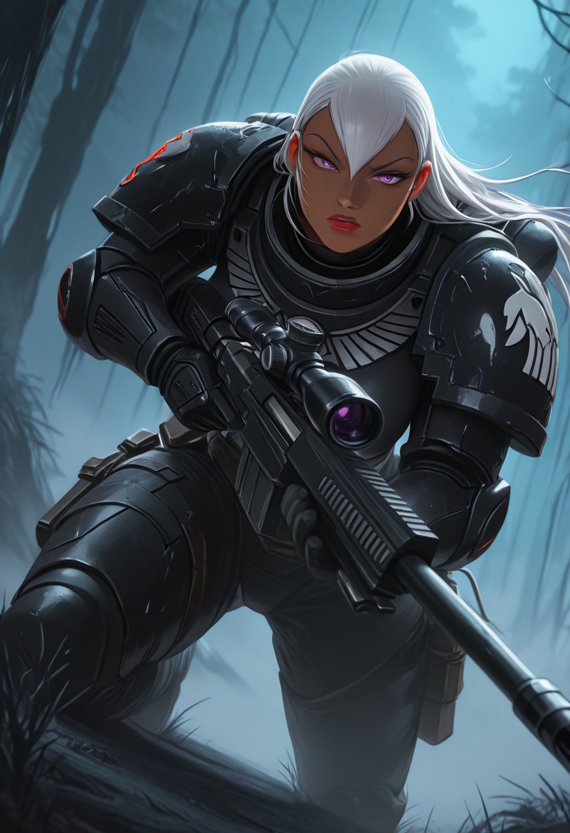 masterpiece, best quality, high quality, newest, highres,  HDR, absurdres, dynamic angle, realistic, 1girl, wearing edgRG_(power armor), pauldrons, raven emblem, solo, 1girl, Grinis Quatre Gricom, grigridg, long hair, white hair, dark-skinned female, purple eyes, lipstick,  holding a sniper, silhouette, DMZ, creepy, backlit, haunted, rainforest, night sky, fog, mist, cold, dutch angle, dark interior, solo, close up, mid shot, dutch angle, <lora:edgIllustriousXL_Raven_Guard:1>
