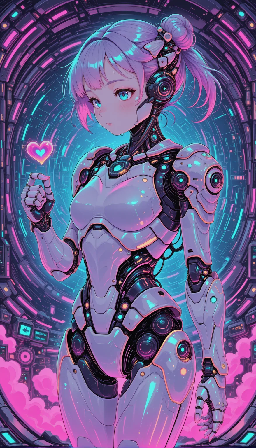 1girl, pastel-colored android, holding a tiny holographic heart, delicate transparent cyber armor, soft AI glow, gentle and futuristic masterpiece, best quality, amazing quality, very aesthetic, absurdres, detailed eyes, newest, pinkneoncybercore, <lora:PinkieNeonCybercoreIL:1>,