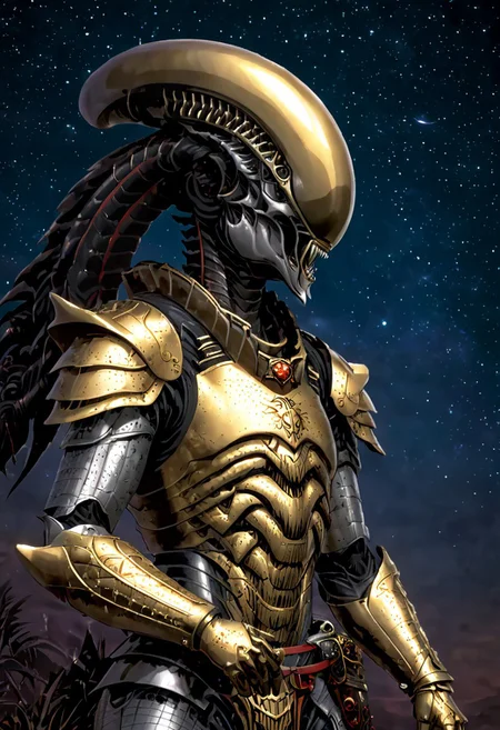 An insanely Detailed Divine Xenomorph, Golden and silver in color, cyberpunk, a crimson tinge to the golden color, Hyperdetailed, Omnipresent, Beautiful, Sinister overtones, otherworldly,((masterpiece, best quality)), fantasy, solo, 1 alien knight, silver armor chestplate with silver medieval ornaments and runes, galactic night sky background, perfect composition, sidelighting, outdoor,