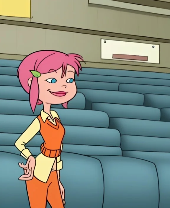 <lora:what_about_mimi-16:0.9>, 1girl, solo, Sincerity, short hair, pink hair, blue eyes, shirt, orange pants, hairclip, smiling,