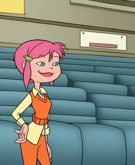 <lora:what_about_mimi-16:0.9>, 1girl, solo, Sincerity, short hair, pink hair, blue eyes, shirt, orange pants, hairclip, smiling,