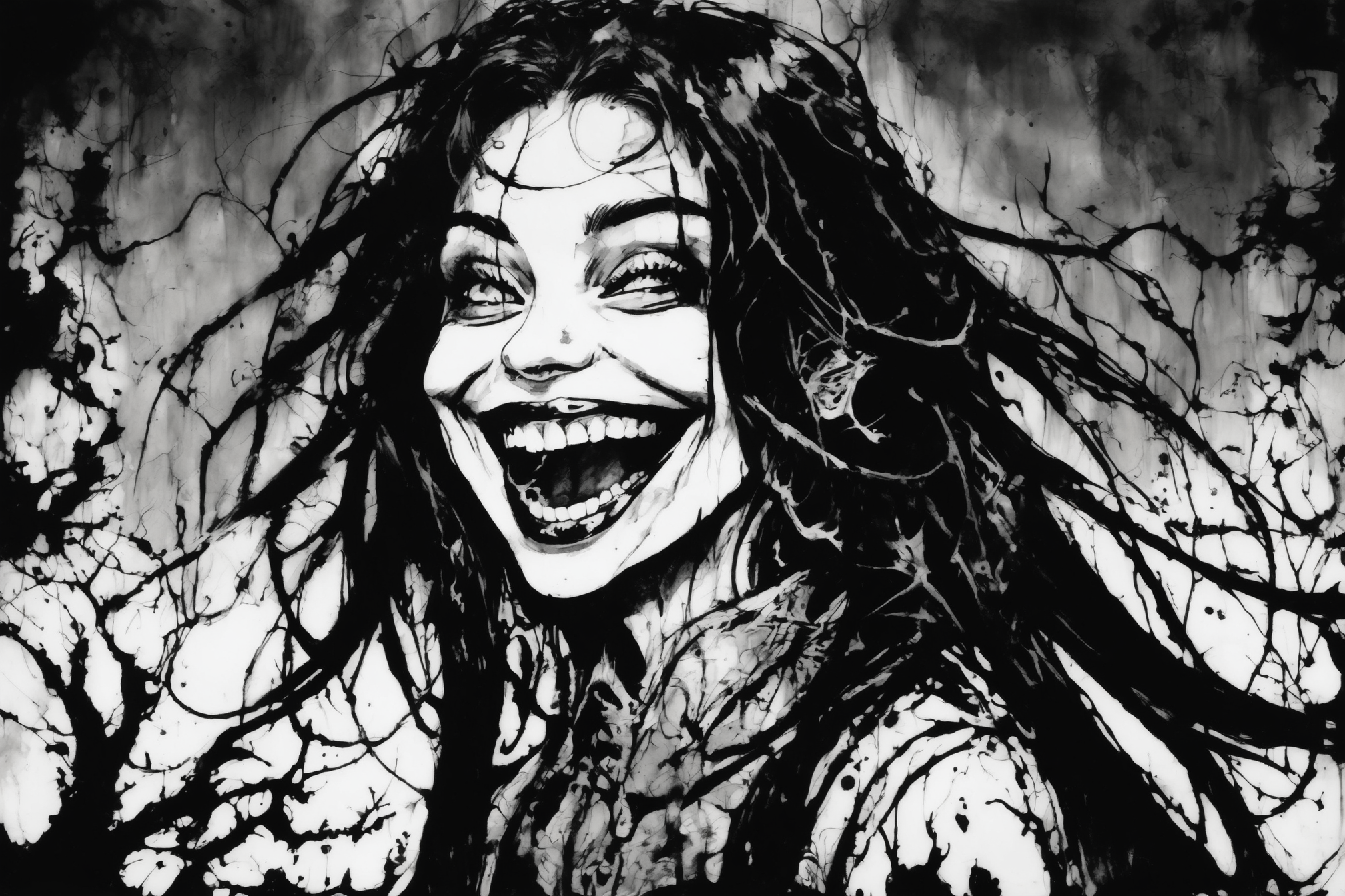 monochromatic, ink, eerie drawing of a happy but evil smiling female face with black hair and an evil face, highly detailed, exciting composition <lora:xl-mink:1>