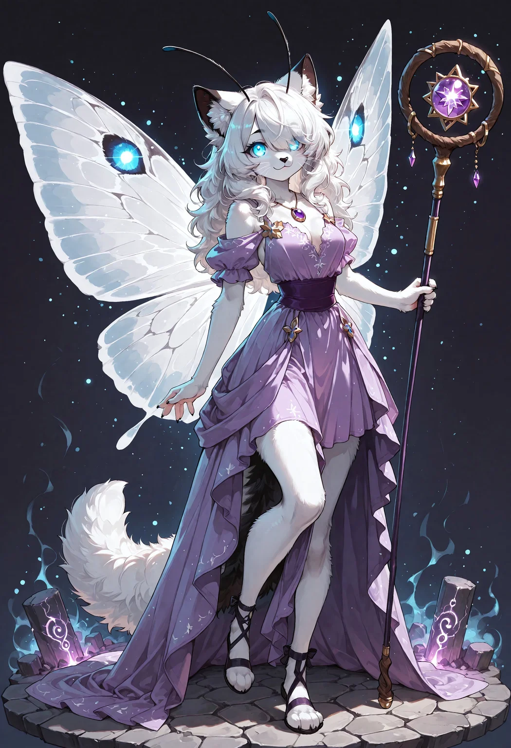 masterpiece, best quality:1.1), ultra-detailed, high resolution, highly detailed macro illustration, solo BREAK 1girl, Nikita, hybrid, feline, female, white fur, long white hair, hair over one eye, (Beautiful blue eyes:1.3), long eyelashes, black eyebrows, black animal nose, whiskers, fluffy ears, fluff in ears, black ear tips, breasts, tail, breasts, (cute expression, cute face:1.3), :3, fluffy tuft, arthropod, antennae, (glowing eyes:1.3), look at viewer BREAK (amethyst mage dress:1.3), (magic insect wings:1.3), amethyst Amulet, (Holding magic staff:1.4), in the air, full body, magic energy, (magic effects), (heroic dynamic pose:1.2), magic particles, glowing particles BREAK detailed background, stone platform, (close-up:1.2) BREAK sharp focus, perfect lighting, extremely detailed, high detail, cinematic softness, OverallDetail, zPDXL3