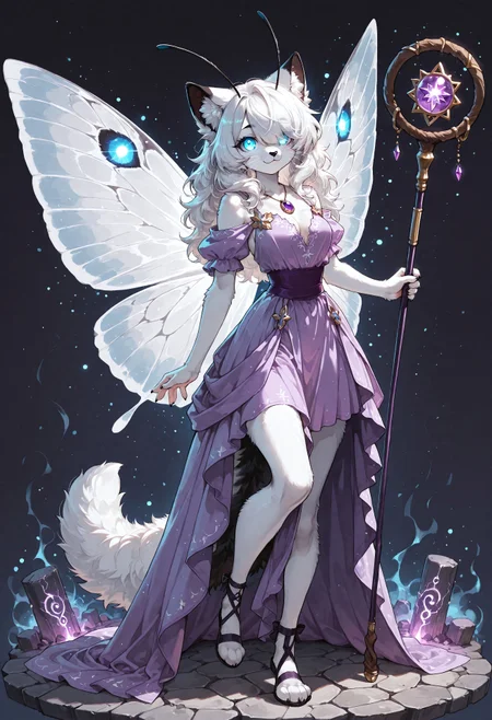 masterpiece, best quality:1.1), ultra-detailed, high resolution, highly detailed macro illustration, solo BREAK 1girl, Nikita, hybrid, feline, female, white fur, long white hair, hair over one eye, (Beautiful blue eyes:1.3), long eyelashes, black eyebrows, black animal nose, whiskers, fluffy ears, fluff in ears, black ear tips, breasts, tail, breasts, (cute expression, cute face:1.3), :3, fluffy tuft, arthropod, antennae, (glowing eyes:1.3), look at viewer BREAK (amethyst mage dress:1.3), (magic insect wings:1.3), amethyst Amulet, (Holding magic staff:1.4), in the air, full body, magic energy, (magic effects), (heroic dynamic pose:1.2), magic particles, glowing particles BREAK detailed background, stone platform, (close-up:1.2) BREAK sharp focus, perfect lighting, extremely detailed, high detail, cinematic softness, OverallDetail, zPDXL3