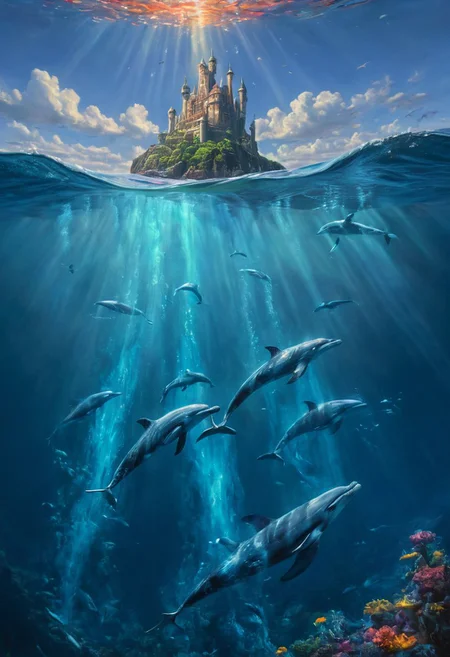 Castle in the Sky, ocean below, whales, dolphins, leaping playfully, bio-luminescent plankton, ethereal glow, vertical composition, dramatic perspective, intricate details, vibrant colors, reflective water, majestic ambiance, immersive atmosphere, magical realism