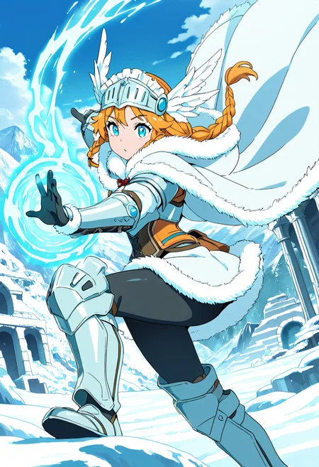 masterpiece, best quality, 1girl, solo, eyelashes, (beautiful eyes), dynamic pose, foreshortening,  [Arctic Expedition Valkyrie], fur-lined parka, armored leggings, heavy boots, metallic pauldrons, winter cape, feathered headdress, braided hair, snowy mountains, ancient ruins, ice magic aura,