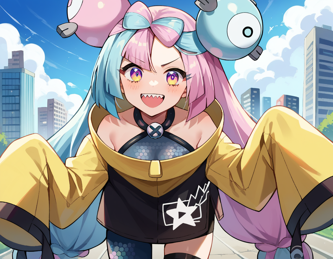score_9, score_8_up, score_7_up, source_anime,
pokemoniono, <lora:pokemon-iono-ponyxl-lora-nochekaiser:1>
pokemon iono, blue hair, bow-shaped hair, character hair ornament, hair ornament, long hair, low-tied long hair, multicolored hair, pink hair, sharp teeth, split-color hair, twintails, two-tone hair, pink eyes, smile,
asymmetrical legwear, bell, bow-shaped hair, character hair ornament, hexagon print, oversized clothes, pantyhose, single leg pantyhose, split-color hair, jacket, yellow jacket,
outdoors, cityscape, bent over,
looking at viewer, cowboy shot, dutch angle,