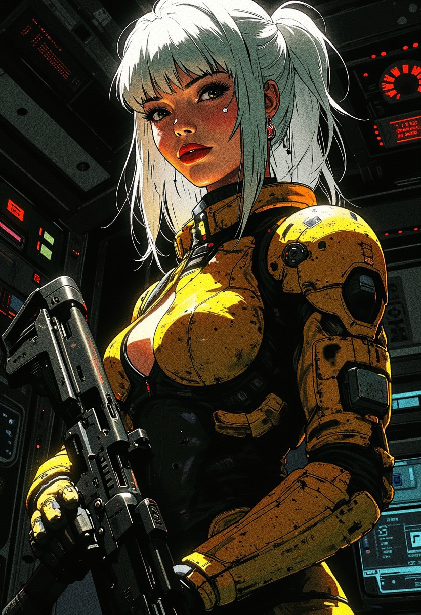 Chiaroscuro Lighting Style, Covered in shadows, female space marine, white flowing hair, bangs, red lips, smooth skin, yellow power armour with red detailing, , navel cutout, pierced navel, cowboy shot, holding assault rifle, glancing at viewer, on board sci-fi spaceship, silhouetted, dark environment with lighting from ceiling, glowing instrument panels