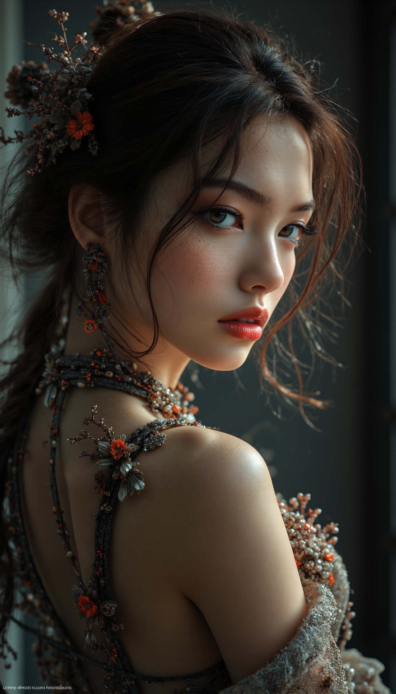Midjourney_Whisper, A hyper-realistic portrait of a stunning supermodel, featuring a beautifully detailed face with captivating eyes and a serene expression. The image showcases her natural beauty, focusing on her flawless skin and delicate features. The composition blends modern and traditional elements with a neo mode, avant-garde style, characterized by elegant lines, vibrant colors, and exquisite details. Her hair is styled in an intricate and unique fashion, adding to her ethereal and timeless aura. The lighting enhances her features, creating a soft interplay of light and shadow, while the high-resolution quality captures every detail with photorealistic clarity, arched back pose, from behind, looking away, (from above:0.6), (dutch angle:0.4),upper body, breast focus, facing away, <lora:midjourney_whisper_flux_lora_v01:1>,