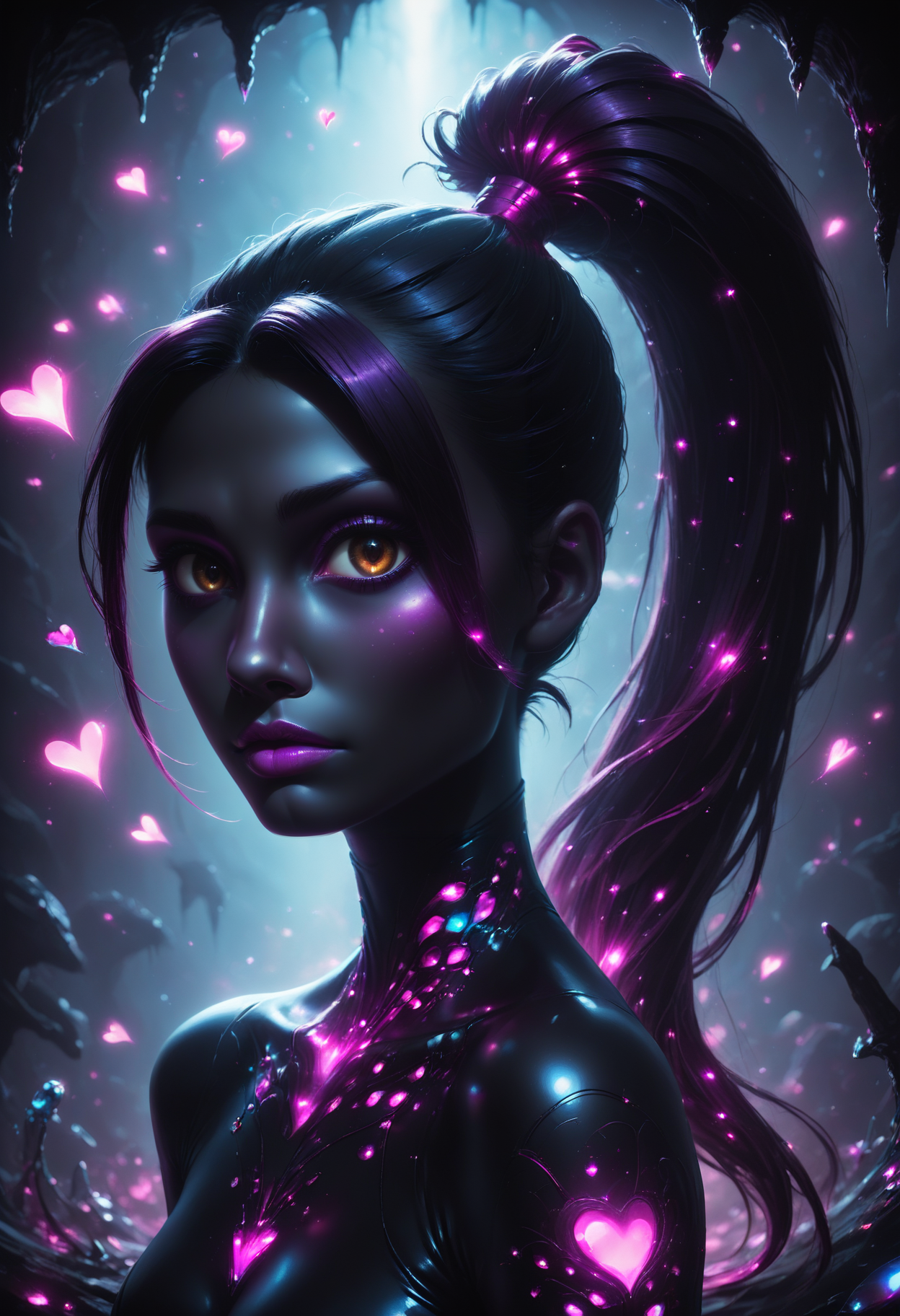 score_9,score_8_up,score_7_up, sorce_real, 8k, hd, (1 girl, brown eyes, high ponytail, bioluminescent latex suit, seij, <lora:Seij-000001:1>), cute and mischievous, black suit, purple details, neon colored glowing particles in the black skin, black skin with neon pink bioluminescence, cinematic light, looking at viewer, dark, night, mysterious atmosphere, floating hearts, beautiful  creatures, flies through a dark stalactite cave at night, bioluminescent icicles on the walls, everything is shrouded in darkness.  <lora:SDXLFaeTastic2400:0.3>, cave by Jed-Cosmos  <lora:Jed-Cosmos-sdxl:0.3>  <lora:ral-swarcrystl-sdxl:0.7> multicolored gemstones made of ral-swarcrystl, black gloves with glowing jewels, side view