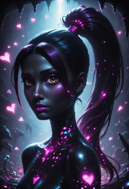 score_9,score_8_up,score_7_up, sorce_real, 8k, hd, (1 girl, brown eyes, high ponytail, bioluminescent latex suit, seij, <lora:Seij-000001:1>), cute and mischievous, black suit, purple details, neon colored glowing particles in the black skin, black skin with neon pink bioluminescence, cinematic light, looking at viewer, dark, night, mysterious atmosphere, floating hearts, beautiful creatures, flies through a dark stalactite cave at night, bioluminescent icicles on the walls, everything is shrouded in darkness. <lora:SDXLFaeTastic2400:0.3>, cave by Jed-Cosmos <lora:Jed-Cosmos-sdxl:0.3> <lora:ral-swarcrystl-sdxl:0.7> multicolored gemstones made of ral-swarcrystl, black gloves with glowing jewels, side view