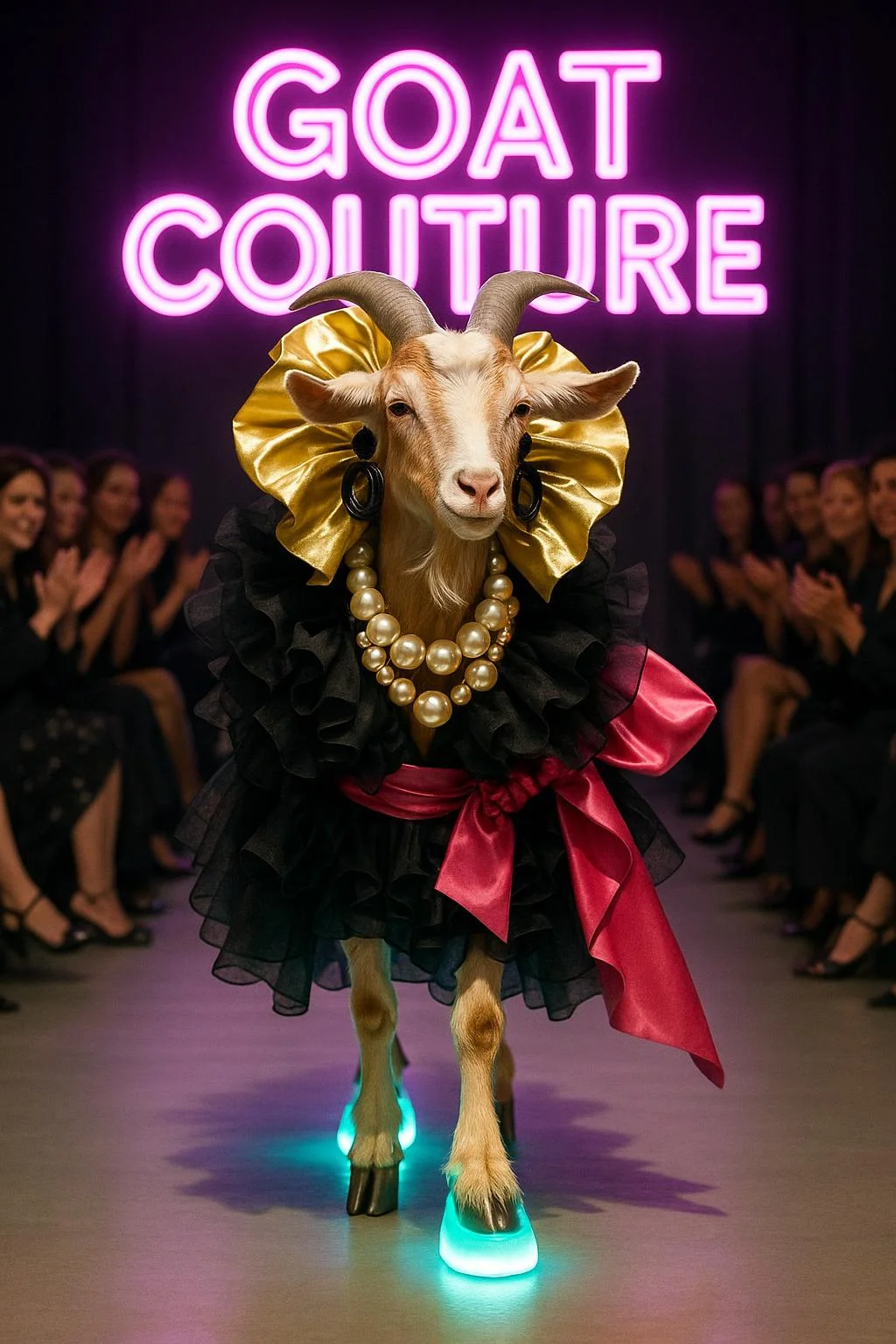 a goat on a fashion catwalk wearing avant-garde runway fashion, glowing platform shoes, over-the-top accessories, background crowd clapping, neon sign behind says: "GOAT COUTURE"
