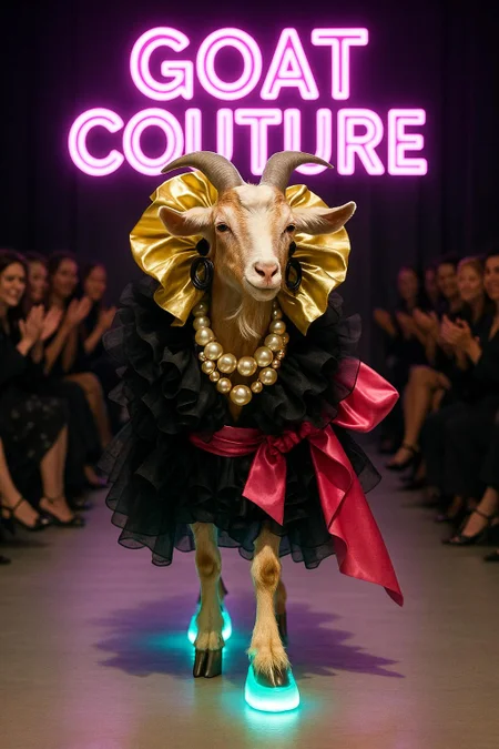 a goat on a fashion catwalk wearing avant-garde runway fashion, glowing platform shoes, over-the-top accessories, background crowd clapping, neon sign behind says: "GOAT COUTURE"