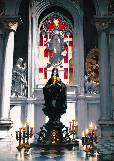 by wanke
, by yogisya,
1girl
a statue of Mary and baby Jesus surrounded by candles, baroque dark art,
black marble intricated with gold,
shadows, high contrast, rim light
masterpiece, best quality, high quality, highres, absurdres, very detailed, high resolution, sharp, sharp image, 8k, vivid, colorful, stunning, anime