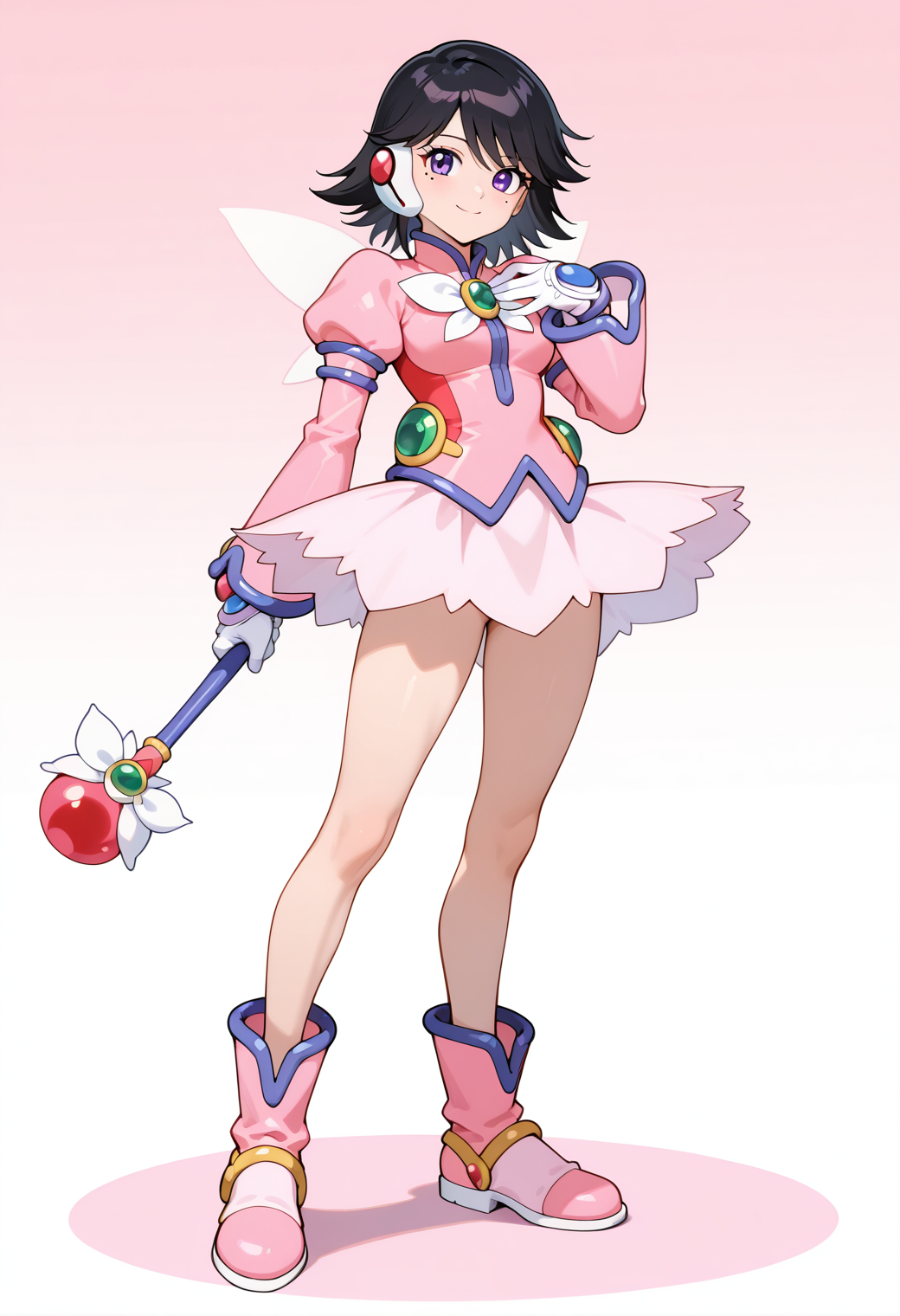 masterpiece, best quality, very aesthetic, absurdres, 1girl, solo,
<lora:corrector_ai_fairy_yui_v01:0.9>, corrector_ai, fairy_element_suit_yui, black hair, short hair, mole under eye, purple eyes,
magical girl, single headset, pink dress, long sleeves, puffy sleeves, brooch, wings, white gloves, pink miniskirt, boots, posing, holding wand, (smile:0.7),