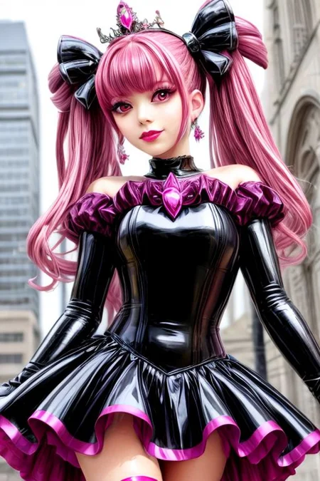 evil corrupted young princess wearing dark pastel (ruffled:1) (gleaming latex:1) EvlSM DarkPrecure Bad_End_Precure gown with (long latex cape:1) and latex elbow bridal gauntlets, (Perfect Face:1), soft lighting, glossy red lips, ruffles,
<lora:more_details:1>