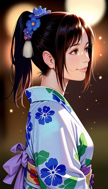 score_9,score_8_up,score_7_up,
<lora:miiyamotohikari:0.9>,miiyamotohikari,
photorealistic,realistic,
1girl, solo, black hair, ponytail, bangs, brown eyes, hair flower, looking ahead, kimono, yukata, floral print, smile, portrait, from side,
blurry background,simple background,outdoors,night,dark,starry sky, light particles,