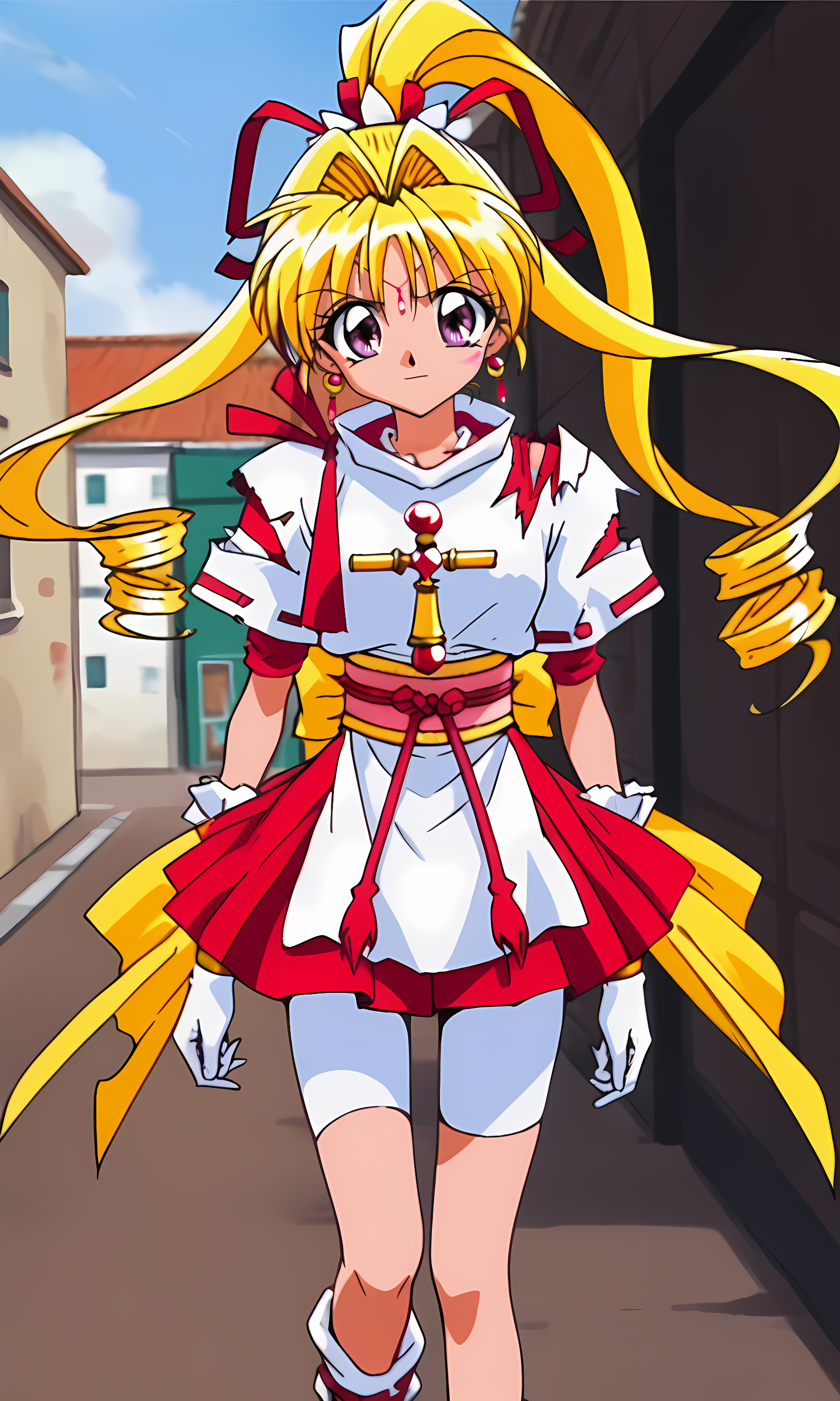 8k, best quality, solo, cute, score_9, score_8_up, score_7_up, 90s anime, masterpiece, source_anime, KKJs2, artist A style, purple eyes, forehead jewelry, scar on face, blonde hair, very long hair, hair intakes with drill long sidelocks, one high drill ponytail at the back, red hair ribbon with white octagonal decoration, earrings, torn outfit, red inner clothes with white edges, torn white outfit, folded standing collar, white collar, white side slit and long shirt tail, red accents on white short sleeves, torn white left sleeves, short red inner sleeves on the left hand revealed, torn white right sleeves, torn short red inner sleeves on the right hand, exposed lower arms, shoulder decoration, red ribbon decoration on shoulder, torn shoulder on left arm, red inner clothes revealed, cross ornament on chest, gold bracelet, long white gloves, red and yellow sash, red rope with tassels, large yellow bow, red layered miniskirt, white bike shorts, covering thighs, bare thighs between bike shorts and boots, white boots, red crisscross ribbons wrapping around boots, serious