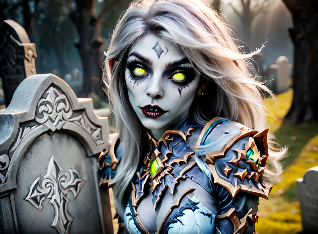 Long exposure photo of world of Warcraft female undead zombie,grey skine tone,wearing a sexy outfit leaning against a tombstone,<lora:Super_Eye_Detailer_By_Stable_Yogi_SDPD0:1>,detailed eyes,perfect eyes,perfect skin texture,photorealistic eyes,highres,realistic,reality,<lora:3DMM_XL_V13:1>,3DMM . Blurred motion, streaks of light, surreal, dreamy, ghosting effect, highly detailed