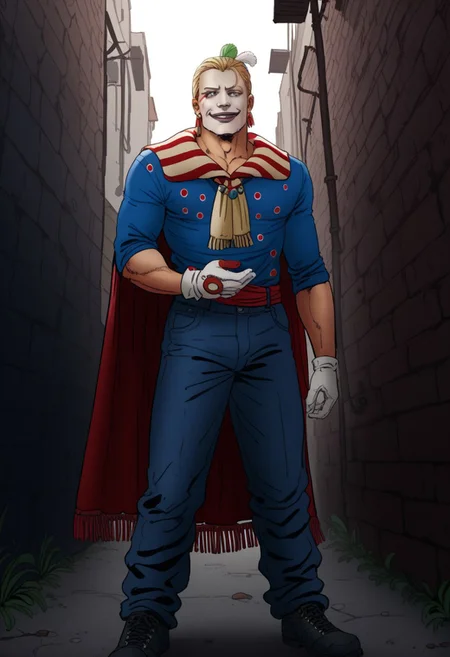 score_9, score_8_up, score_7_up, score_6_up,    (chiaroscuro lighting) 
source_cartoon,   f3rn4nd0, (line art),
alley, 
(1male), solo, 
 baro, 
smile , 
huge muscles, 
cape, 
gloves, 
clown
facepaint
blonde hair
lipstick
feathers
earrings, 
standing on ground, in alley
