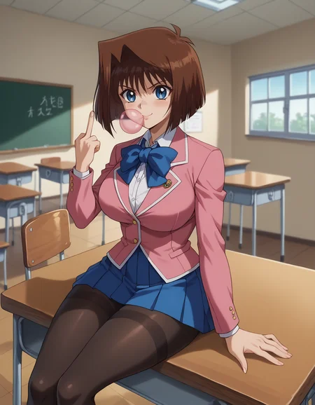 <lora:Anzu_MazakiPonyXL:0.7>, score_9, score_8_up, score_7_up, score_6_up, source_anime, anime screencap, BREAK, uncensored, brown hair, short hair, blue eyes, athletic sexy body, slim waist, huge breasts, anzumazakispe, school uniform, blue bowtie, blazer, pink jacket, long sleeves, pleated skirt, blue skirt, blush, smile, middle finger, chewing gum, classroom, sitting, legs crossed, on desk, black thigh-high, indoors, classroom, <lora:Anime_Screencap:1>, <lora:PerfectEyesXL:1>, <lora:thicc_v1.4-pony:1>, full body, curvy, voluptuous