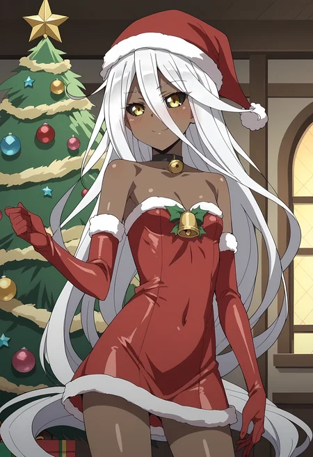 score_9, score_8_up, score_7_up, source_anime, 2d, Doppel, 1girl, white hair, very long hair, brown skin, black-yellow eyes, small breasts, anime coloring, anime screencap, detailed eyes, zPDXL, perfect faces, uncensored, rating_explicit, <lora:doppel_0-000040:0.8>, red latex christmas dress, cleavage, christmas tree, christmas ornaments, crystals, gems, Santa hat, bells, jacket, gloves, home,