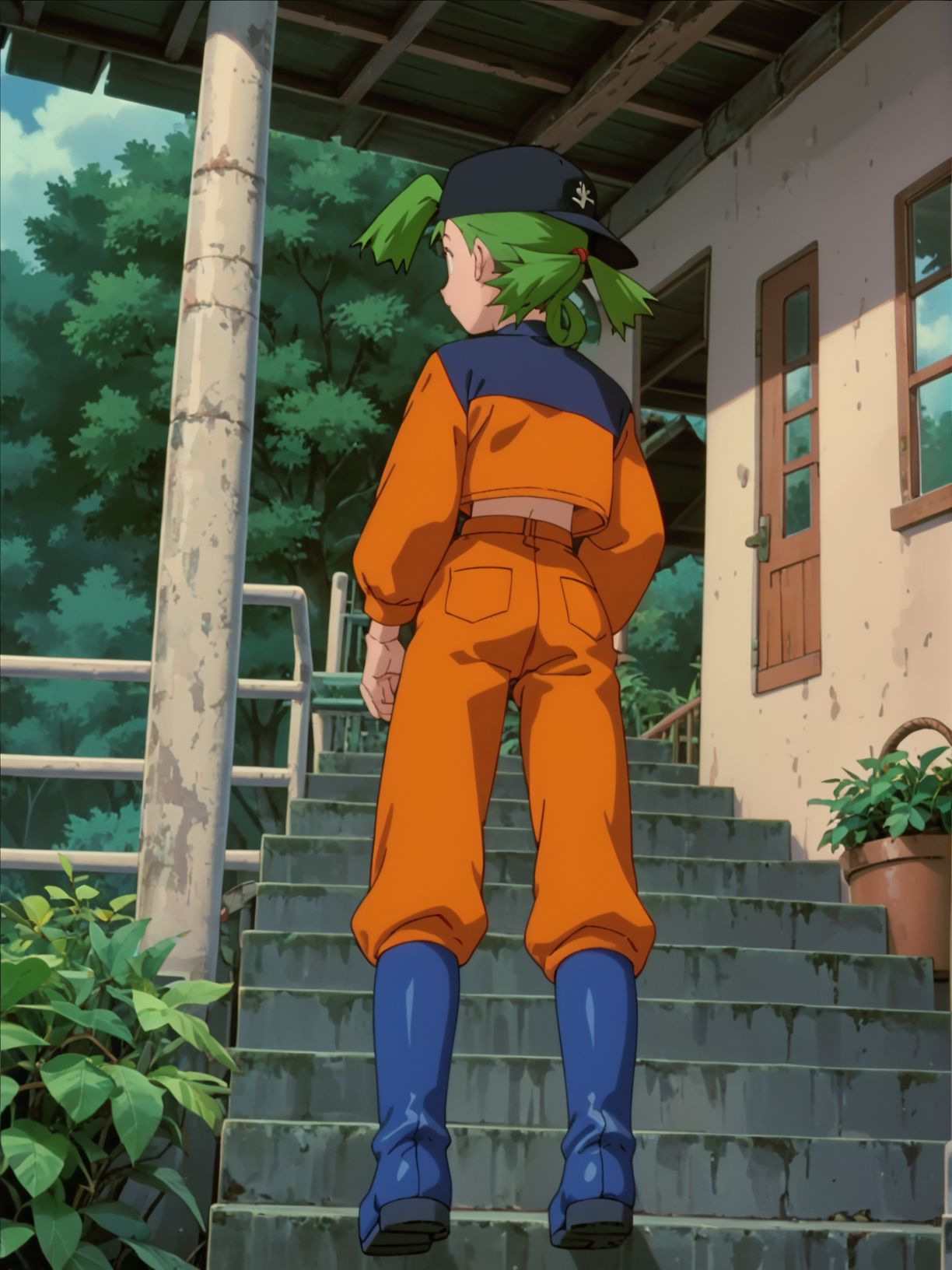 score_9, score_8_up, score_7_up, 1girl, solo, source_anime, anime_screencap, pkmMaren, green hair, orange pants, blue boots, <lora:pkmMaren:1>  from behind,