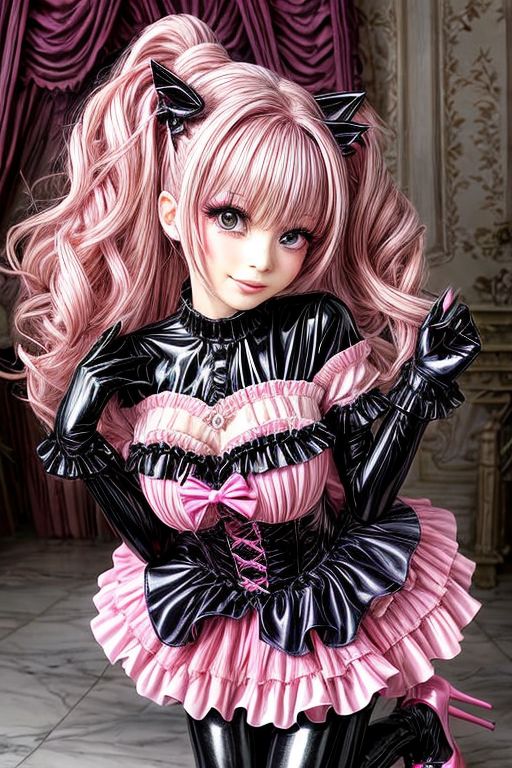 detailed full-length photo, full body, young lady, long straight pastel hair, rim lighting, (pink gleaming oily latex fabric), (pink puffy latex dress), pink puffy Bad_End_Precure princess dress, puffy latex sleeves, latex elbow gloves, tack sharp, crystal clear, 8K UHD, hyper-detailed eyes, high detailed skin, Feminine, (Perfect Face), (High Detail), detailed fingers, beautiful fingers, legs, thin eyebrows, glossy lips, (pink lipstick), (full makeup), (high heeled shoes), (princess shoes), (mary janes shoes), lots of frills and bows, 
<lora:more_details:1.5>, <lora:naughty_to_nice:-5>