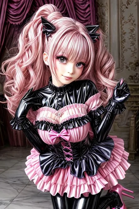 detailed full-length photo, full body, young lady, long straight pastel hair, rim lighting, (pink gleaming oily latex fabric), (pink puffy latex dress), pink puffy Bad_End_Precure princess dress, puffy latex sleeves, latex elbow gloves, tack sharp, crystal clear, 8K UHD, hyper-detailed eyes, high detailed skin, Feminine, (Perfect Face), (High Detail), detailed fingers, beautiful fingers, legs, thin eyebrows, glossy lips, (pink lipstick), (full makeup), (high heeled shoes), (princess shoes), (mary janes shoes), lots of frills and bows,
<lora:more_details:1.5>, <lora:naughty_to_nice:-5>