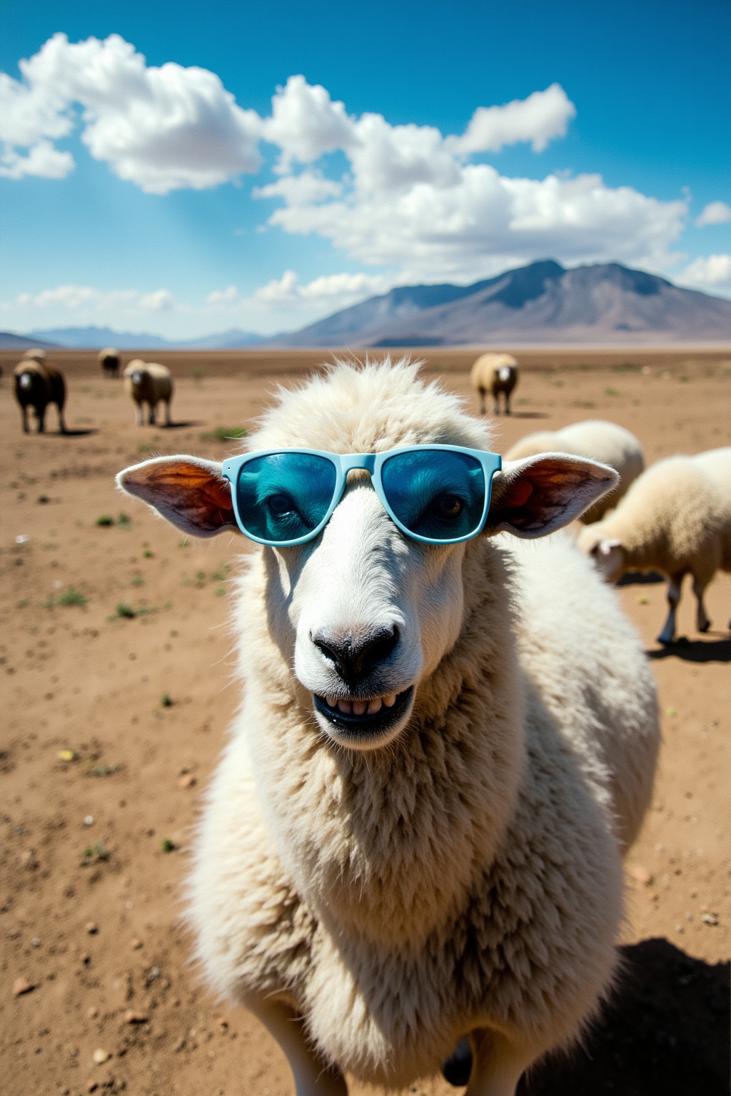 This is a high-resolution photograph of a sheep wearing oversized, stylish sunglasses. The sheep, centrally positioned in the image, is facing the camera with a wide, joyful smile, showcasing its white, fluffy wool and black nose. Its large, round eyes are covered by the sunglasses, which are tinted blue and have a slightly reflective surface. The sheep's ears are perked up, adding to its playful and cheerful demeanor.

In the background, there are several more sheep grazing in a dry, arid landscape with a mix of brown and beige tones. The distant horizon shows a mountain range under a clear, blue sky with scattered white clouds. The lighting in the image is bright, suggesting it was taken during the day, possibly in a rural or pastoral setting.

The sheep's wool appears thick and soft, with a slightly textured surface that contrasts with the smooth, glossy lenses of the sunglasses. The overall composition of the image is playful and whimsical, capturing the sheep’s humorous expression while maintaining a realistic and detailed depiction of the surrounding environment.,Dark Art