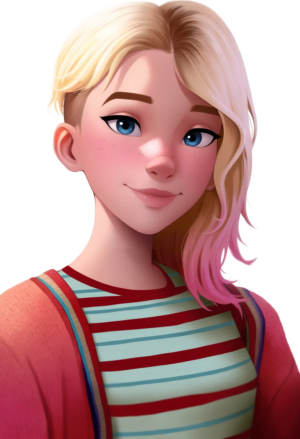 masterpiece, best quality, very aesthetic, absurdres,
1girl, gwenstacy, blonde hair, blue eyes, freckles,
cardigan, striped shirt,
upper body, smile, looking at viewer, solo, simple background, white background <lora:GwenStacyNoobXL_byKonan:1>