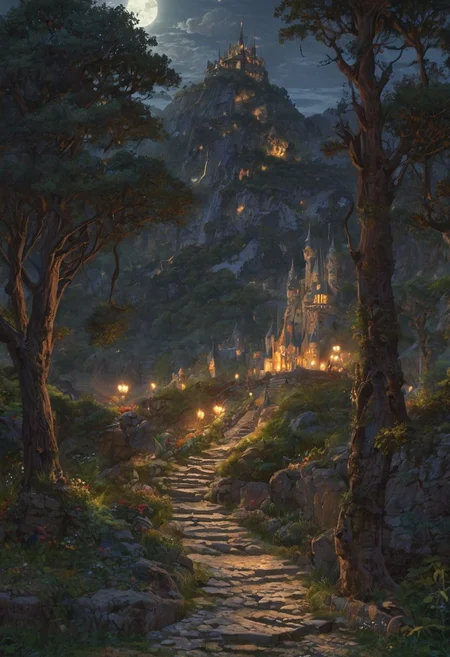 Under a full moon, a beautiful woman with a shimmering silver cloak walks along a stone path leading to an elegant elven castle. The castle, perched on a mountainside, overlooks a valley filled with luminous treehouses. Elves with intricate designs on their skin gather around a sparkling lake nearby. <lora:EpicF4nta5yXL:0.8>