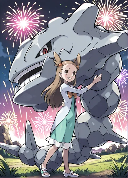 field, grass, fireworks, hug, smile, 1girl, jasmine \(pokemon\), steelix, pokemon \(creature\), sugimori ken \(style\), <lora:OnixIL:.8>