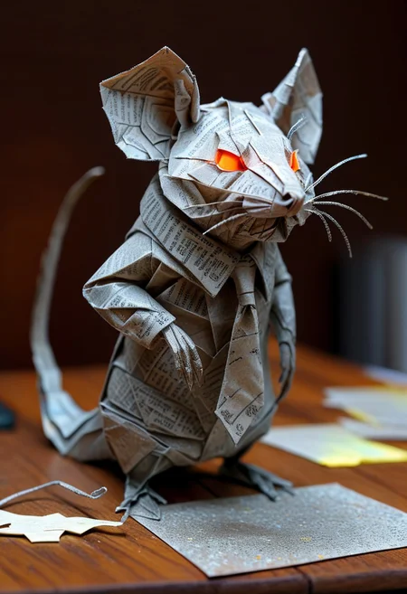 rat made of paper, rat with tie, close up, textured paper, on wooden table, fluorescent, glowing eyes, paper computer, doing taxes, fluorescent, fluorescent dust, fluorescent spraypaint, glowing dust