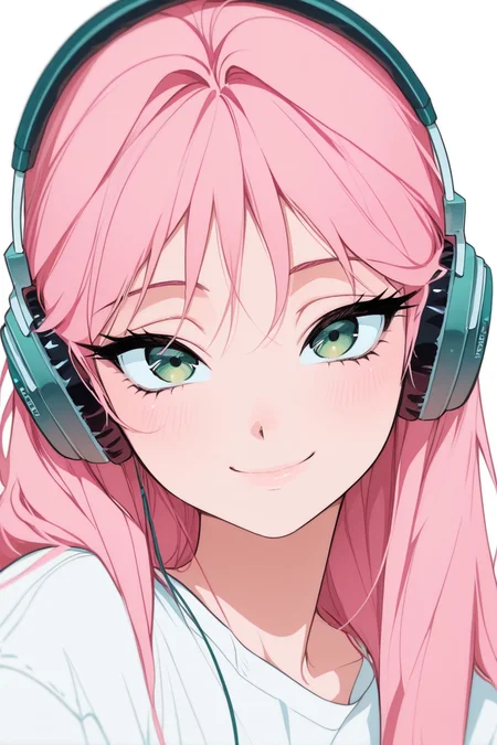 masterpiece, best quality, amazing quality,
 <lora:VIVINOS_IL:1> vivinos, 1girl, solo, smile, pink hair, headphones, shirt, white background, green eyes, long hair, white shirt, looking at viewer, portrait, simple background, mizi