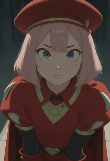 can you make one where she looks like gigachad,
Lord-Farquad-IL-base outfit, short hair, red gloves, beret, cape, gloves, hat, purple eyes, red headwear, hat,pink hair,solo