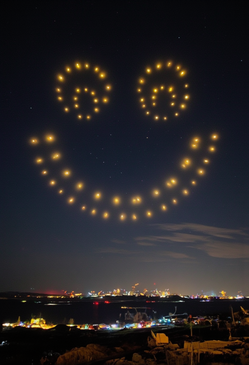 aidmaMJ6.1,This is a photograph of a night sky featuring a spectacular display of drone lights that are arranged to a Round yellow smiley face in an illuminated,  large-scale aerial display with the Arctic  Skyline beneath it.ultra detailed, ultra realistic, 8k
