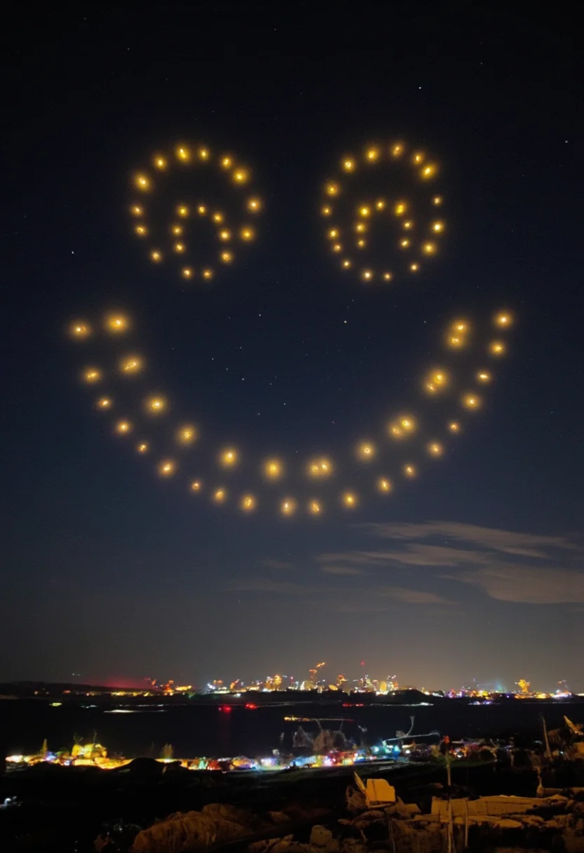 aidmaMJ6.1,This is a photograph of a night sky featuring a spectacular display of drone lights that are arranged to a Round yellow smiley face in an illuminated, large-scale aerial display with the Arctic Skyline beneath it.ultra detailed, ultra realistic, 8k