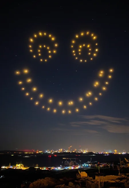 aidmaMJ6.1,This is a photograph of a night sky featuring a spectacular display of drone lights that are arranged to a Round yellow smiley face in an illuminated,  large-scale aerial display with the Arctic  Skyline beneath it.ultra detailed, ultra realistic, 8k