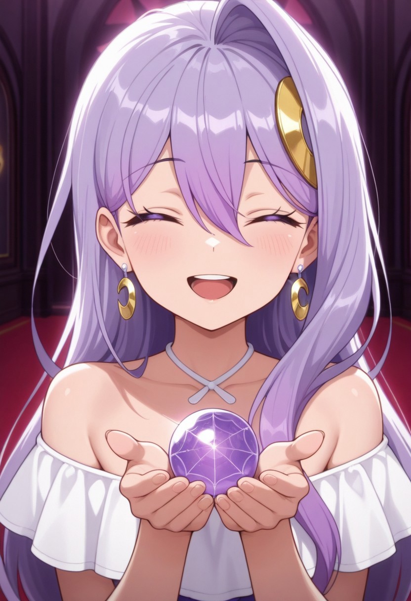 masterpiece,best quality,amazing quality, silk von santana, purple hair, long hair, purple eyes, 1girl, closed eyes, hair ornament, solo, smile, jewelry, open mouth, earrings, holding, hair between eyes, crescent