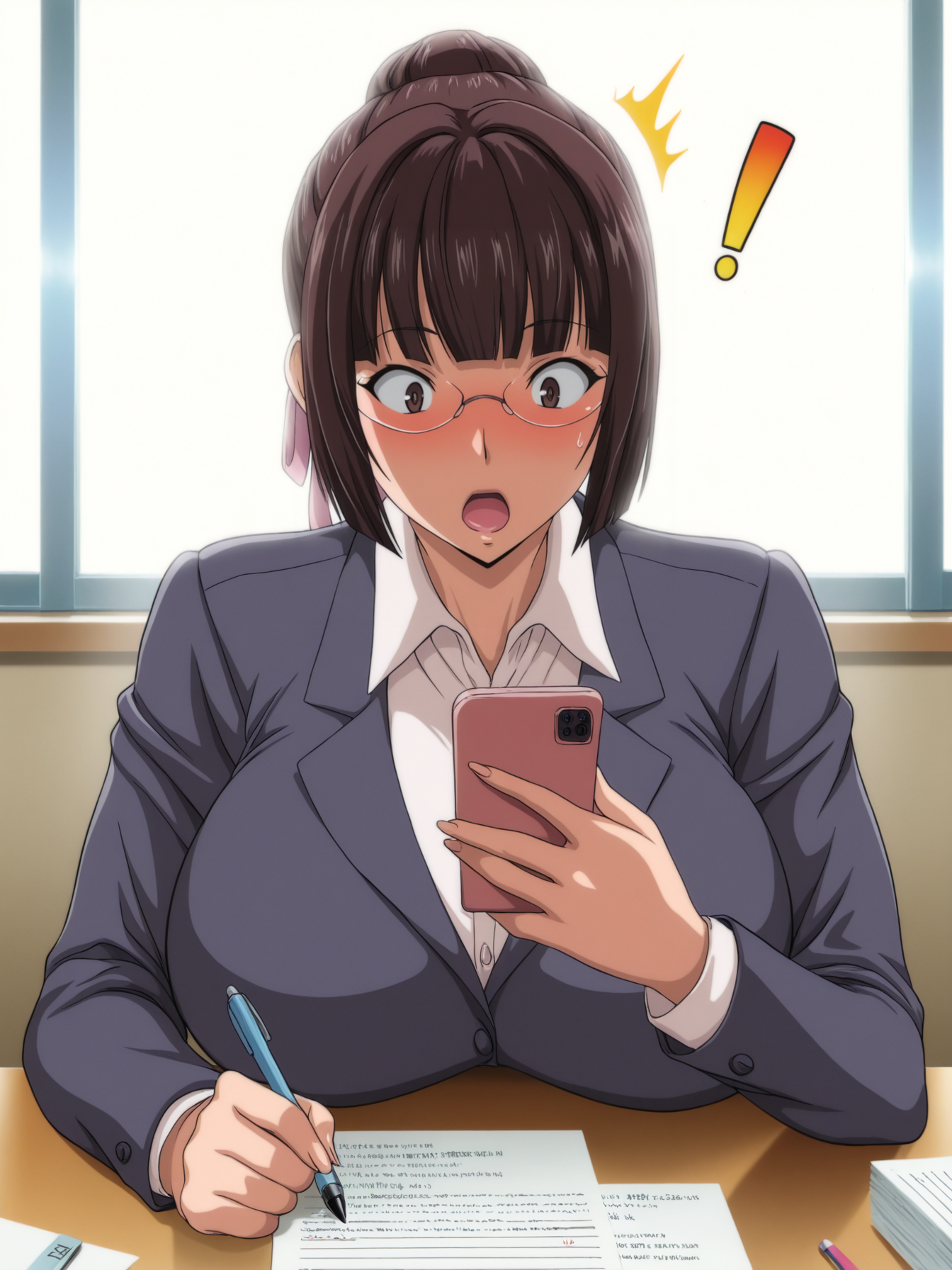 masterpiece, best quality, highres, absurdres, very awa, sidelighting, anime coloring, uncensored, 
Kurose Katsuko,1girl, mature female, pov across table, solo, paper, pen,
blush, looking at phone, surprised, open mouth, !, holding phone, 
brown hair, short hair, hair ribbon, single hair bun, glasses,
blazer, white shirt, upper body, 
curvy, large breasts, 
indoors, office, table, window,
<lora:Kurose Katsuko 3216 NoobAIXL V-pred:1>  <lora:pyon-kichi-NAI-VPRED1.0-V1-locon-dim32alpha1-drop0.1-SNR3-09_0.55+alp-NOOB-VPRED1.0-V1-locon-dim32alpha1-drop0.1-SNR3-000008_0.45+thirty_8ghtIL-LyOUT012_0.75+JJanda-LyOUT012_0.25:0.4> 5 fingers