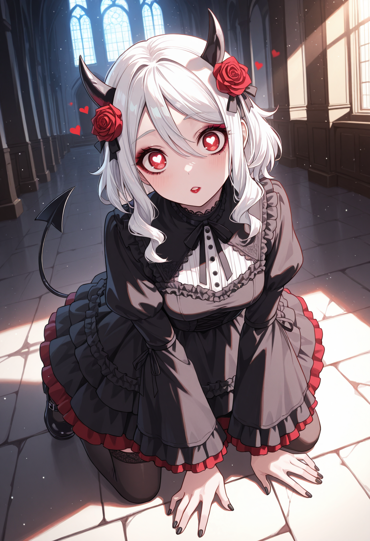 masterpiece, best quality, 1girl, solo, mod3us, medium hair, white hair, hair between eyes, black horns, demon horns, gothic, goth fashion, black dress, frills, lipstick, eyeshadow, makeup, puffy sleeves, hair flower, rose, indoors, church, sunlight, light rays, (light particles), kneeling, full body, red eyes, heart-shaped pupils, demon tail, layered dress, black nails, long sleeves, wide sleeves, thighhighs, mary janes, black footwear, leaning forward, from above, looking at viewer, petticoat, stone floor, arm support