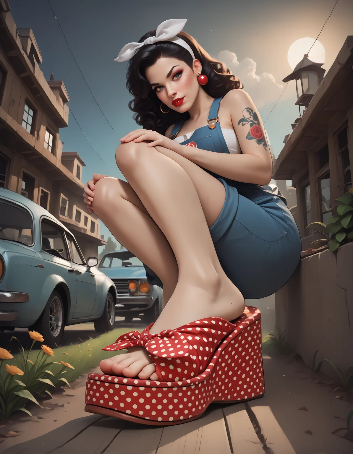 score_9, score_8_up, score_7_up, score_6_up, score_5_up, score_4_up,
from below, (from side:0.6),
outdoors, field,
1girl, r0ckabilly, lipstick, earrings, tattoo, curly hair, white hairband,
white tube top, bib overalls,
medium breasts,
(squatting), leaning on a car, classic car, car,
(m1nn1e sandals), feet, toes, foot focus,
embedding:zPDXL2 ,
