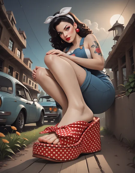 score_9, score_8_up, score_7_up, score_6_up, score_5_up, score_4_up,
from below, (from side:0.6),
outdoors, field,
1girl, r0ckabilly, lipstick, earrings, tattoo, curly hair, white hairband,
white tube top, bib overalls,
medium breasts,
(squatting), leaning on a car, classic car, car,
(m1nn1e sandals), feet, toes, foot focus,
embedding:zPDXL2 ,