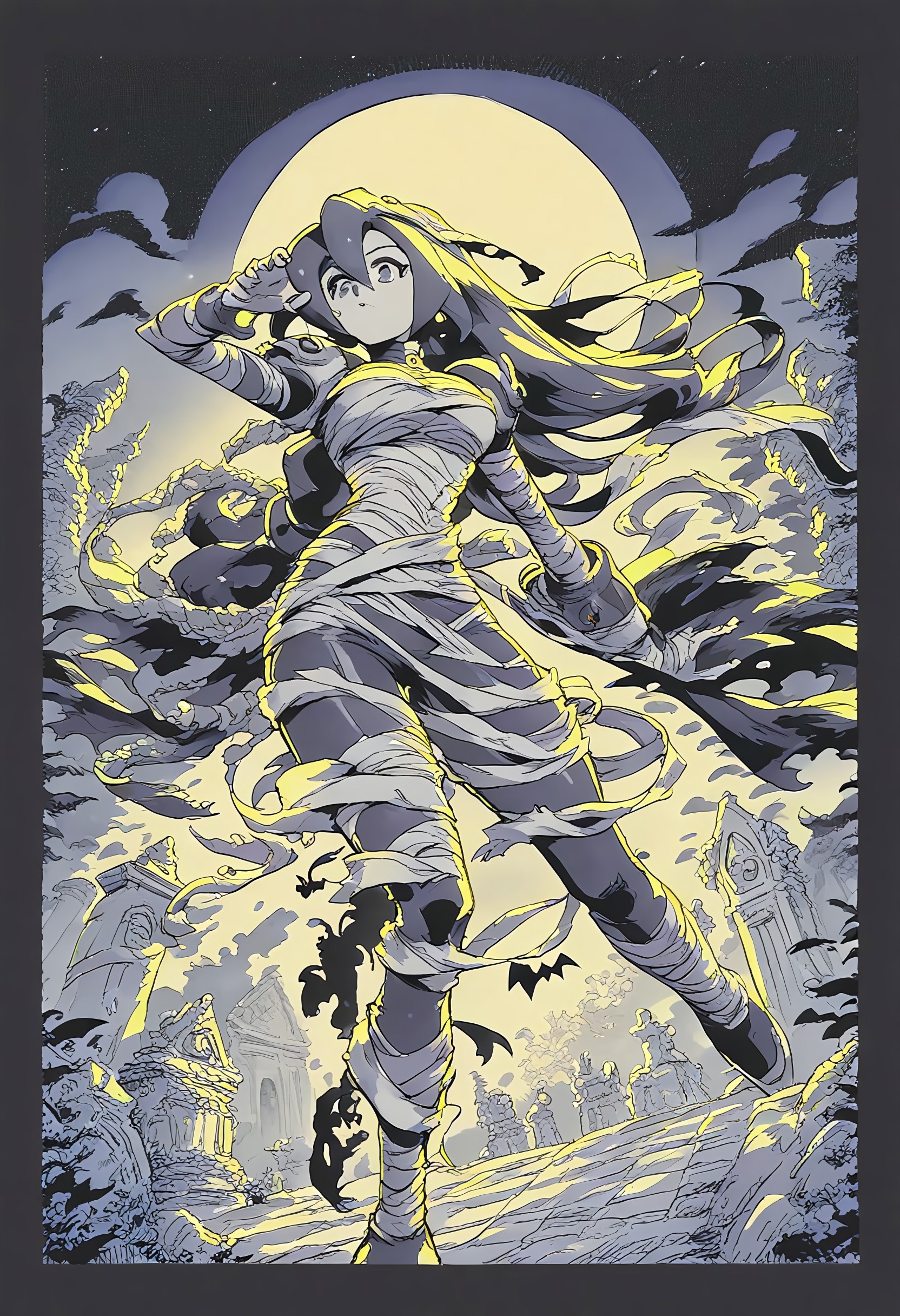 safe_pos, score_9, score_8_up, score_7_up, masterpiece, best quality, very aesthetic, perfect composition, orange, manga, comic, watercolor,  monochrome,1girl, iris \(mega man\),  large breasts, mummy costume, skin tight, dynamic pose, spooky, halloween, cemetery 