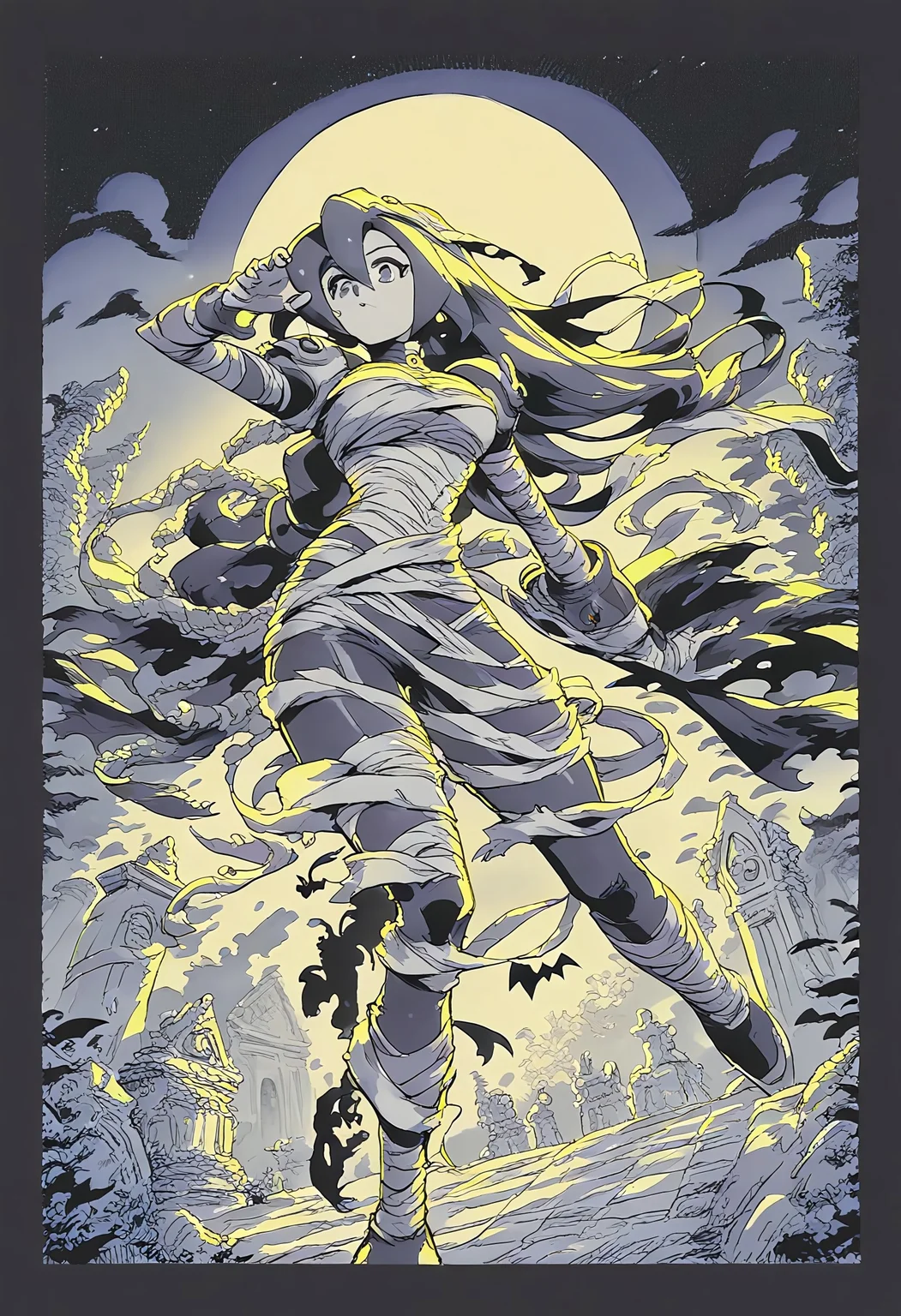 safe_pos, score_9, score_8_up, score_7_up, masterpiece, best quality, very aesthetic, perfect composition, orange, manga, comic, watercolor,  monochrome,1girl, iris \(mega man\),  large breasts, mummy costume, skin tight, dynamic pose, spooky, halloween, cemetery 