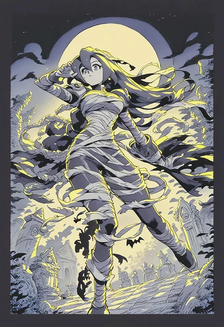 safe_pos, score_9, score_8_up, score_7_up, masterpiece, best quality, very aesthetic, perfect composition, orange, manga, comic, watercolor, monochrome,1girl, iris \(mega man\), large breasts, mummy costume, skin tight, dynamic pose, spooky, halloween, cemetery