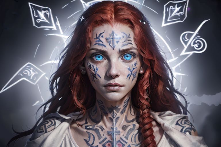 bright red hair, human female, (feminine:1.7), (beautiful face, detailed face:1.6), (beautiful eyes, detailed eyes:1.7), (looking at viewer, eye contact, intense:1.6), (long hair, red hair, curly hair:1.3), , ((masterpiece, best quality, high resolution, realistic, best quality,)), photo realistic, Perfect Face, (detailed face). <lora:GoodHands-vanilla:0.6> <lora:add-detail-xl:0.8>, mage, (Dress White military uniform coat), dagger, rune dagger, glowing runes, , (((glowing magic symbols tattoos, religious tattoos))), ((face tattoos)), glowing tattoos, stone tower in the background